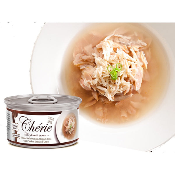 CherieFlakedYellowfinMixSkipjackTunaWithChickenEntreesInGravyCannedCatFood.jpg