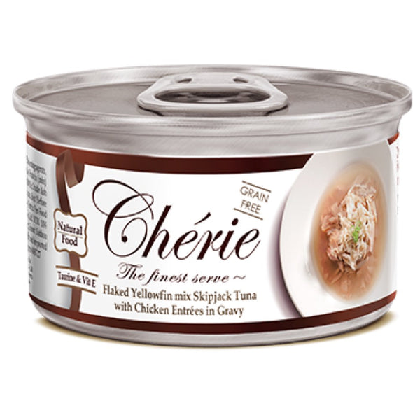 CherieFlakedYellowfinMixSkipjackTunaWithChickenEntreesInGravyCannedCatFood80g.jpg
