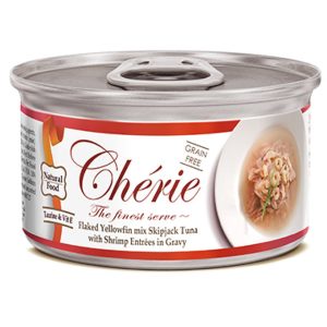 Cherie Flaked Yellowfin Mix Skipjack Tuna With Shrimp Entrees In Gravy Canned Cat Food 80g