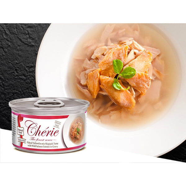 CherieFlakedYellowfinMixSkipjackTunaWithWildSalmonEntreesInGravyCannedCatFood.jpg