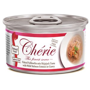 Cherie Flaked Yellowfin Mix Skipjack Tuna With Wild Salmon Entrees In Gravy Canned Cat Food 80g