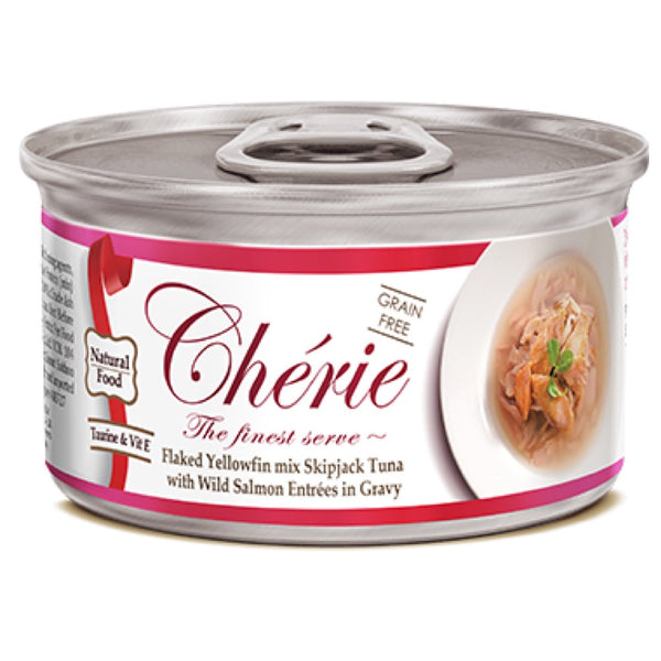 CherieFlakedYellowfinMixSkipjackTunaWithWildSalmonEntreesInGravyCannedCatFood80g.jpg