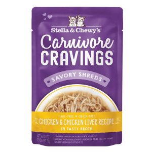4 FOR $13.60: Stella & Chewy's Carnivore Cravings Savory Shreds Chicken & Chicken Liver In Broth Grain-Free Pouch Cat Food 2.8oz