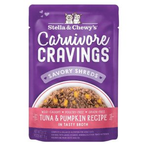 4 FOR $13.60: Stella & Chewy's Carnivore Cravings Savory Shreds Tuna & Pumpkin In Broth Grain-Free Pouch Cat Food 2.8oz