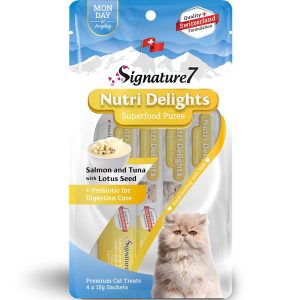 3 FOR $9': Signature7 Nutri Delights Superfood Salmon & Tuna With Lotus Seed & Prebiotic (Mon) Puree Cat Treats 60g