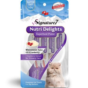 3 FOR $9': Signature7 Nutri Delights Superfood Whitemeat Tuna With Cranberry (Sat) Puree Cat Treats 60g