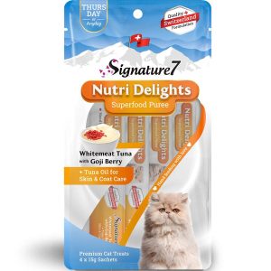 3 FOR $9': Signature7 Nutri Delights Superfood Whitemeat Tuna With Goji Berry & Tuna Oil (Thurs) Puree Cat Treats 60g