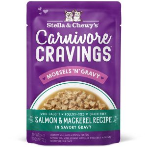 4 FOR $13.60: Stella & Chewy's Carnivore Cravings Morsels 'N' Gravy Salmon & Mackerel Grain-Free Pouch Cat Food 2.8oz